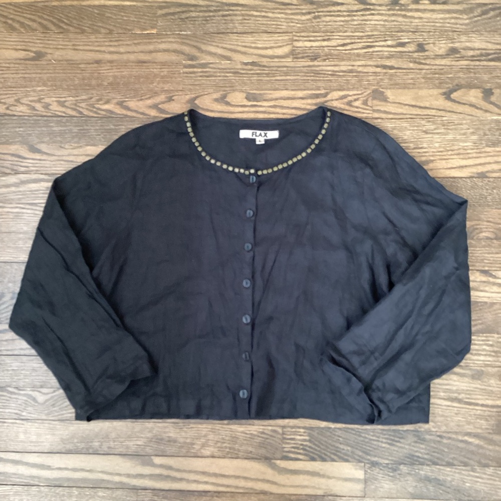 Flax 100% Linen Black Button-Up Top Women’s Size large metal detail neckline